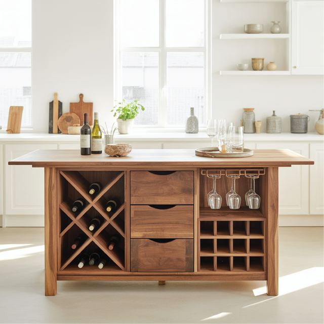 Handcrafted Solid Wood Dining Cabinet with Wine Storage, Drawers, and Hanging Glass Rack