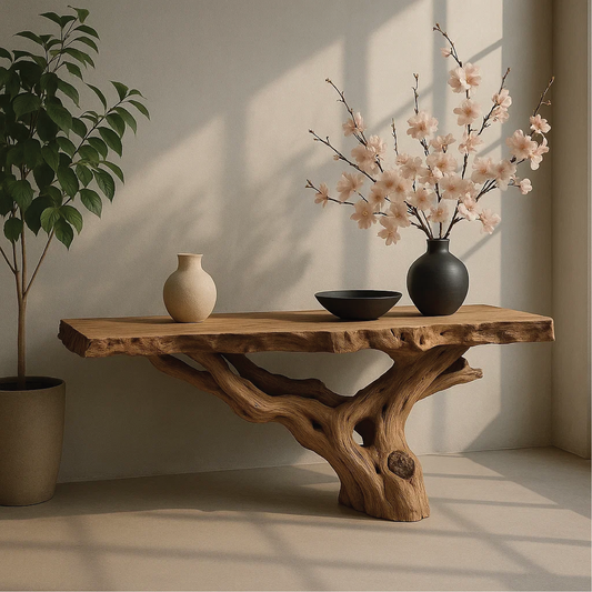 Handcrafted Solid Wood Console Table with Natural Root Base and Organic Live Edge Design