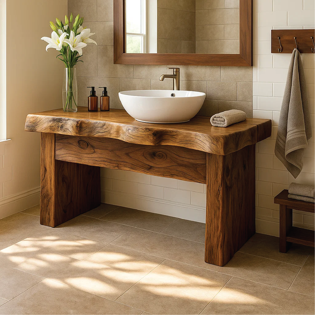 Handcrafted Solid Wood Bathroom Vanity with Live Edge Design for Natural and Modern Interiors