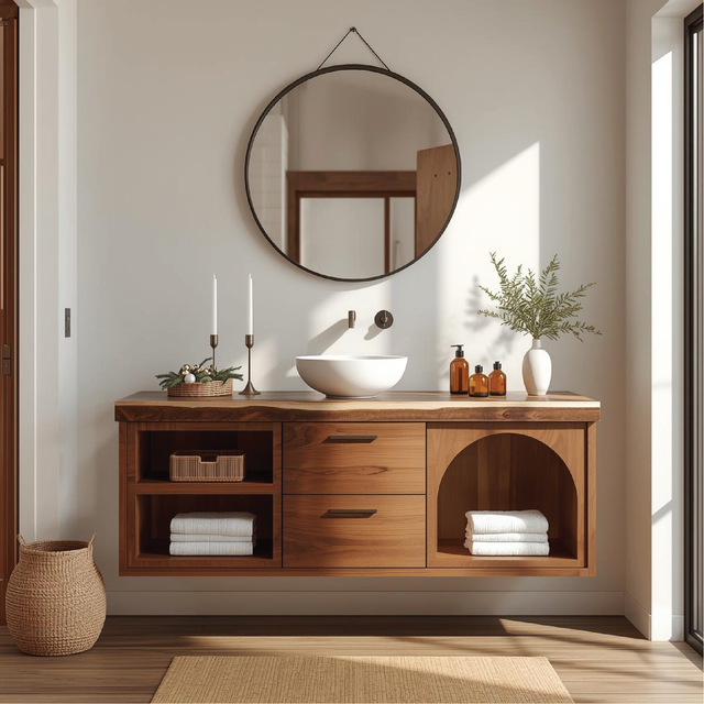Handcrafted Solid Wood Floating Vanity with Arched Shelves and Contemporary Natural Finish