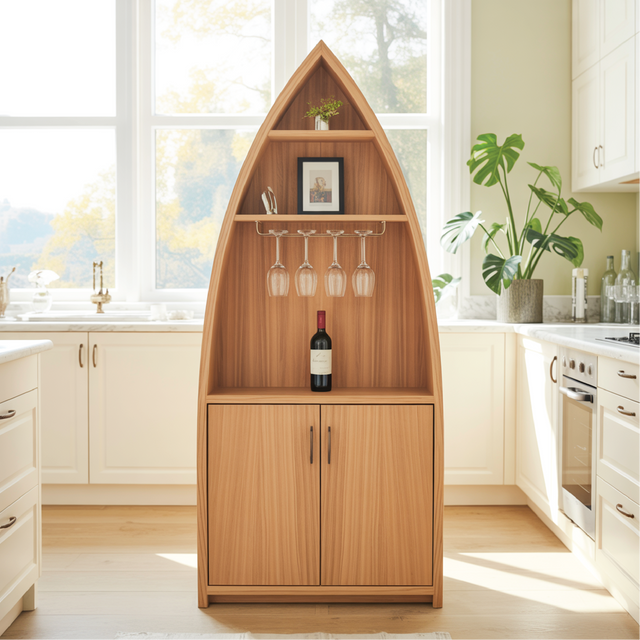 Handcrafted Solid Wood Dining Cabinet with Boat-Shaped Design, Glass Holder and Lower Storage