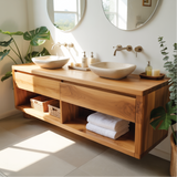 Floating solid wood vanity with double sinks – handcrafted bathroom furniture for modern homes