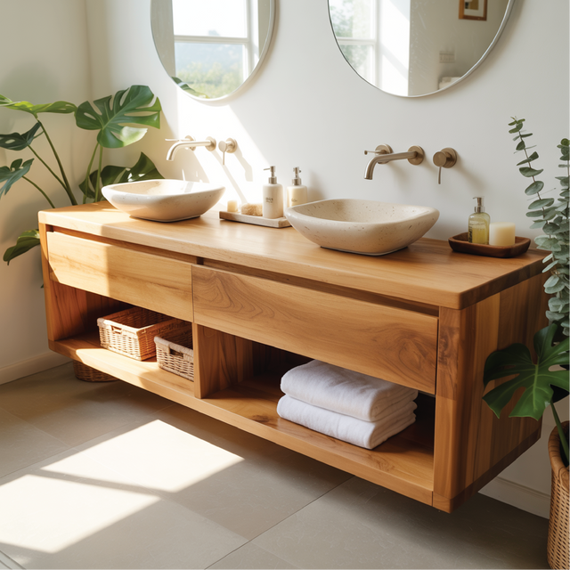 Floating solid wood vanity with double sinks – handcrafted bathroom furniture for modern homes