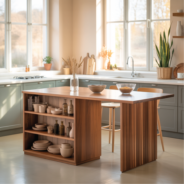 Handcrafted Solid Wood Dining Table with Open Storage Shelves for Warm Modern Kitchens