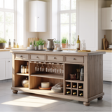 Handcrafted Solid Wood Kitchen Island with Wine Storage, Drawers, and Open Shelving