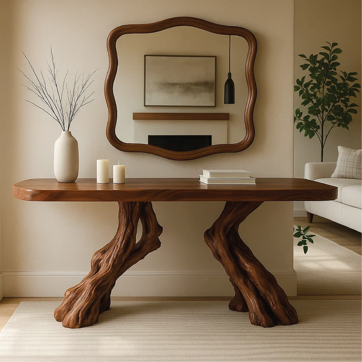 Handcrafted Solid Wood Console Table with Twin Root Base and Smooth Natural Finish Design