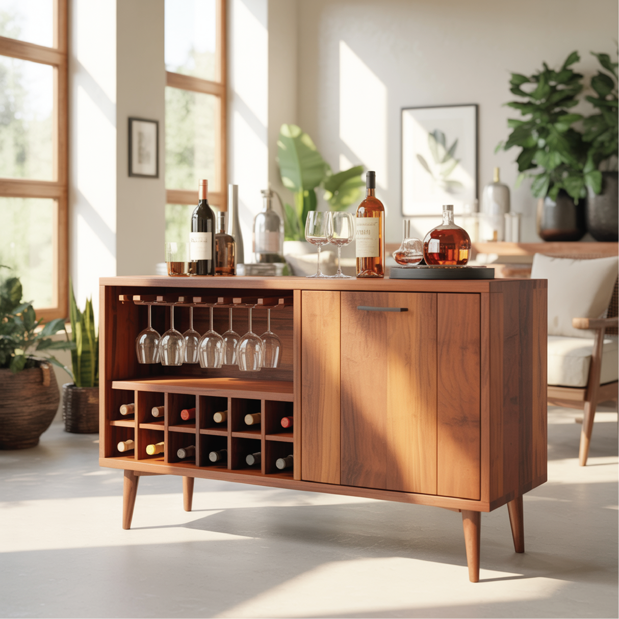 Handcrafted Solid Wood Dining Cabinet with Wine Rack and Hanging Glass Storage