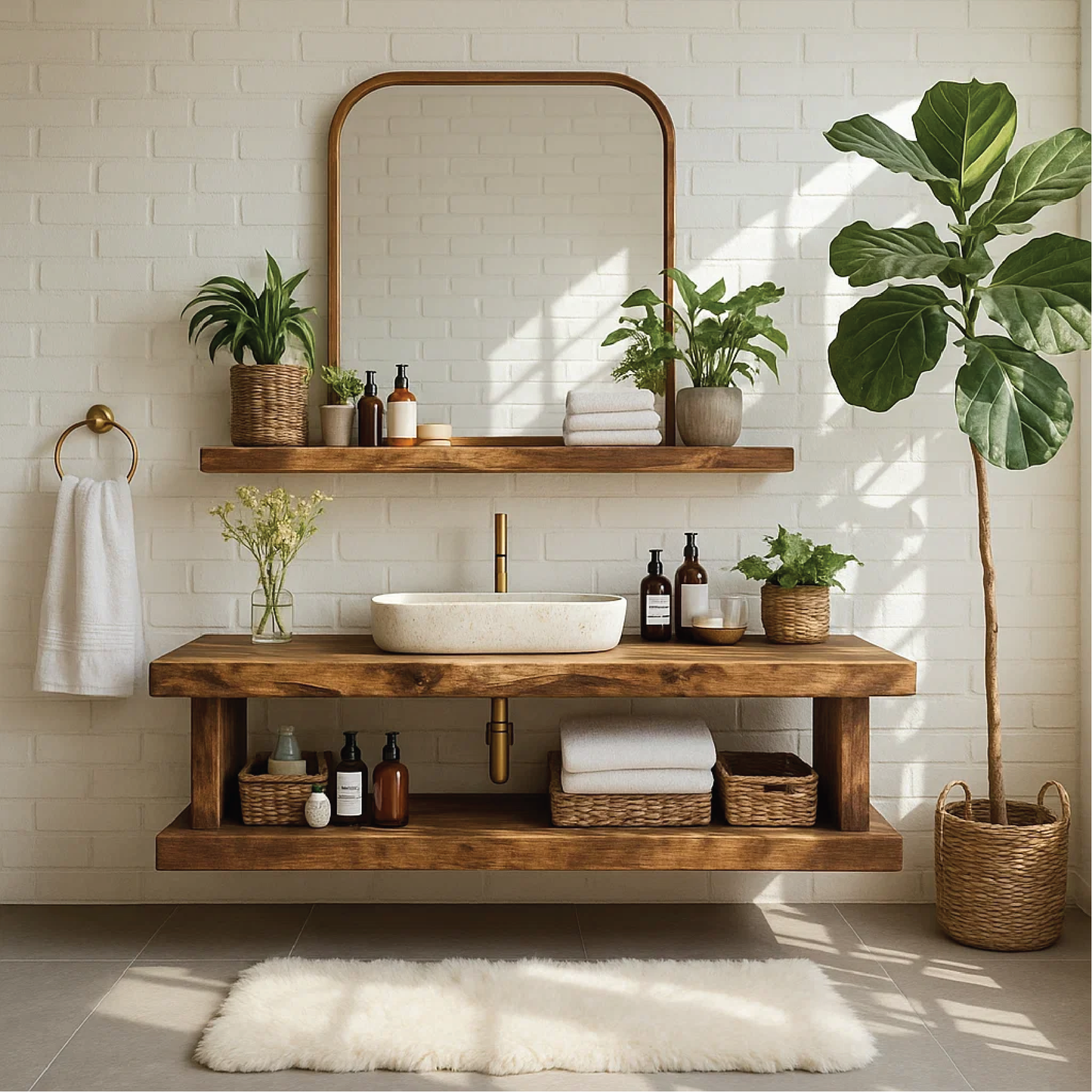 Handcrafted Solid Wood Floating Vanity with Live Edge Design and Open Shelf Storage