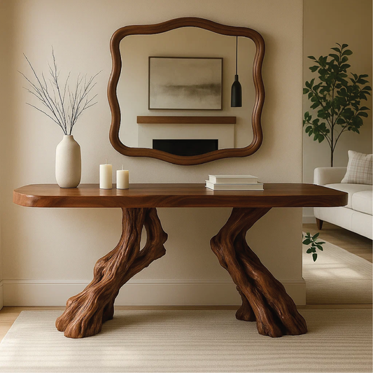 Handcrafted Solid Wood Console Table with Twin Root Base and Smooth Natural Finish Design