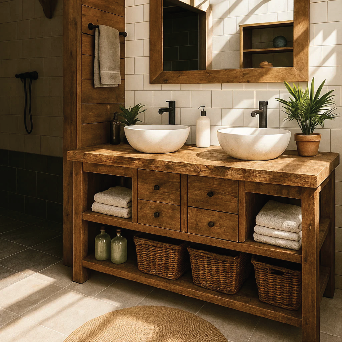 Rustic Double Sink Solid Wood Bathroom Vanity with Drawers and Open Storage Handmade Design