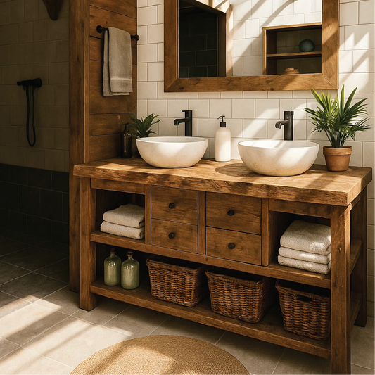 Rustic Double Sink Solid Wood Bathroom Vanity with Drawers and Open Storage Handmade Design