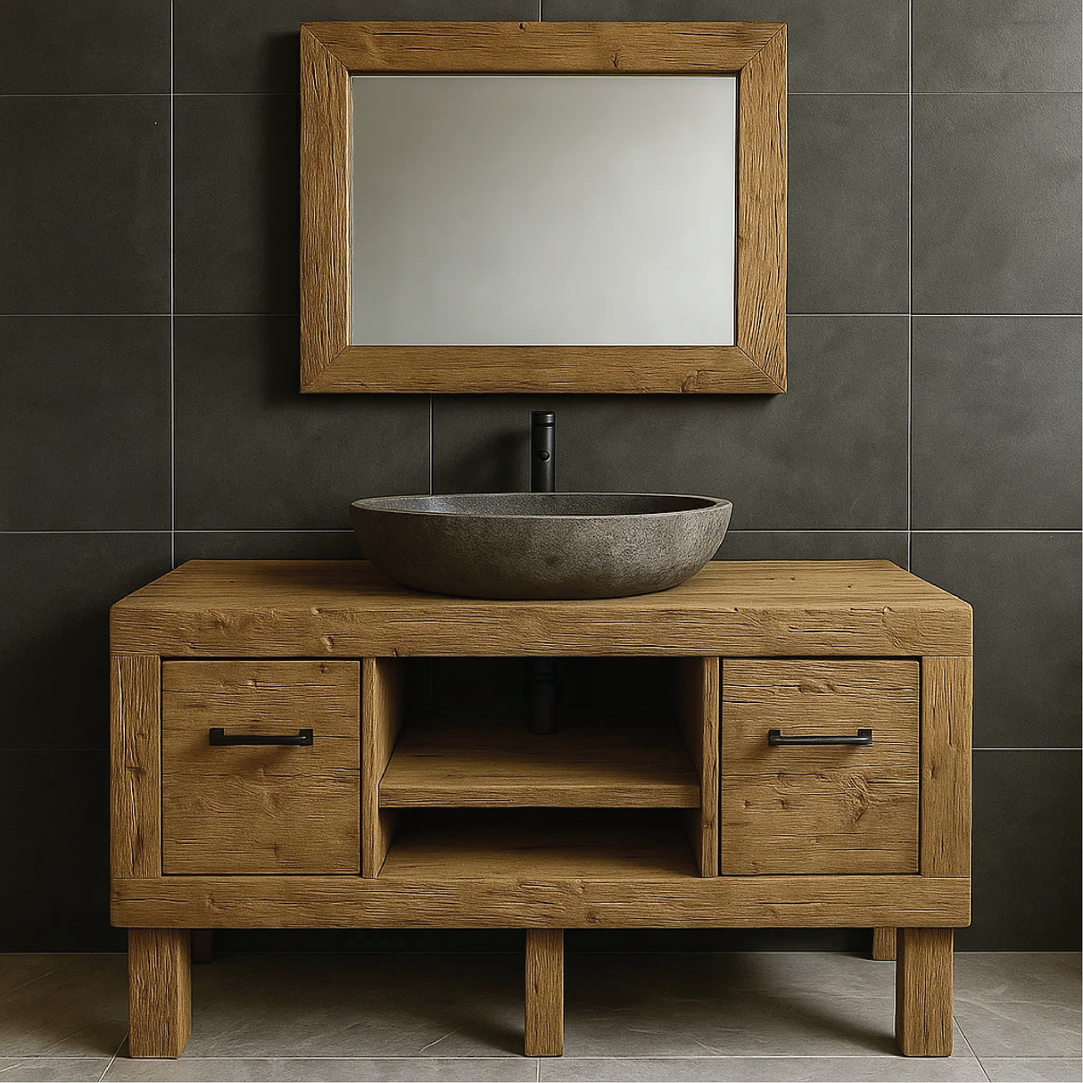 Modern Rustic Handcrafted Solid Wood Bathroom Vanity with Storage Drawers and Open Shelves