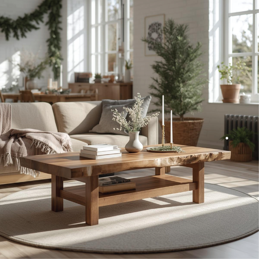 Handcrafted Solid Wood Coffee Table with Live Edge Design and Lower Shelf for Modern Homes