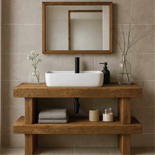 Minimalist Handcrafted Solid Wood Bathroom Vanity with Open Shelf and Modern Rustic Design