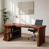 Handcrafted Solid Wood Executive Work Desk with Live-Edge Design and Built-In Open Shelving