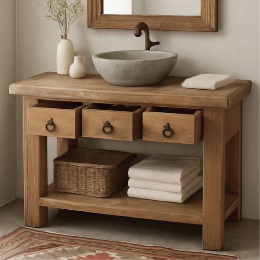 Handcrafted Solid Wood Bathroom Vanity with Rustic Drawers and Open Shelf for Natural Interiors