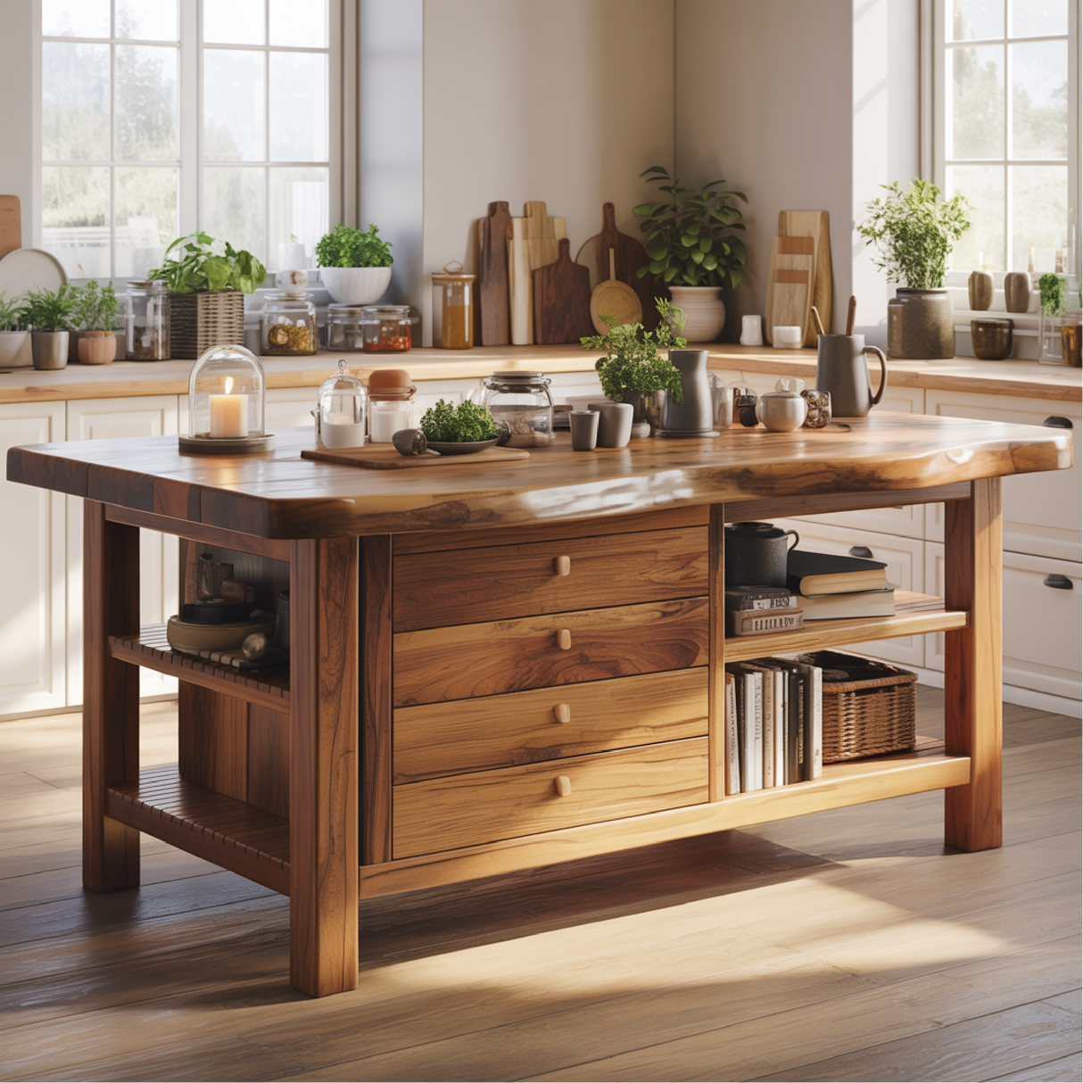 Handcrafted Solid Wood Kitchen Island with Drawers, Open Shelves, and Natural Live-Edge Top