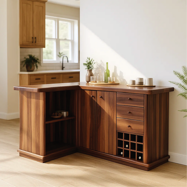 Solid Wood Wine Storage Cabinet with Drawers and Rack – Premium L-Shaped Bar Furniture