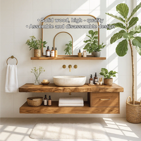 Handcrafted Solid Wood Floating Vanity with Live Edge Top and Minimalist Drawer Design