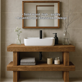 Minimalist Handcrafted Solid Wood Bathroom Vanity with Open Shelf and Modern Rustic Design
