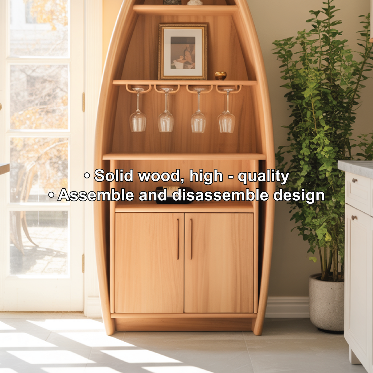 Handcrafted Solid Wood Boat-Shaped Dining Cabinet with Glass Rack and Lower Storage Doors