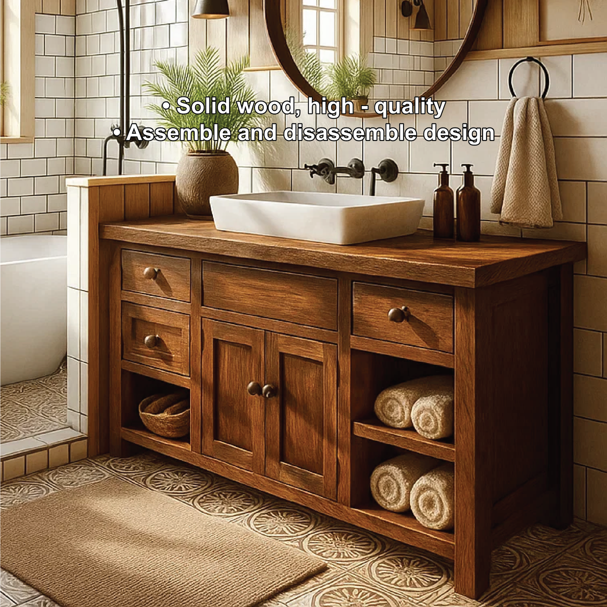 Handcrafted Solid Wood Bathroom Vanity with Drawers and Open Shelves in Warm Walnut Finish