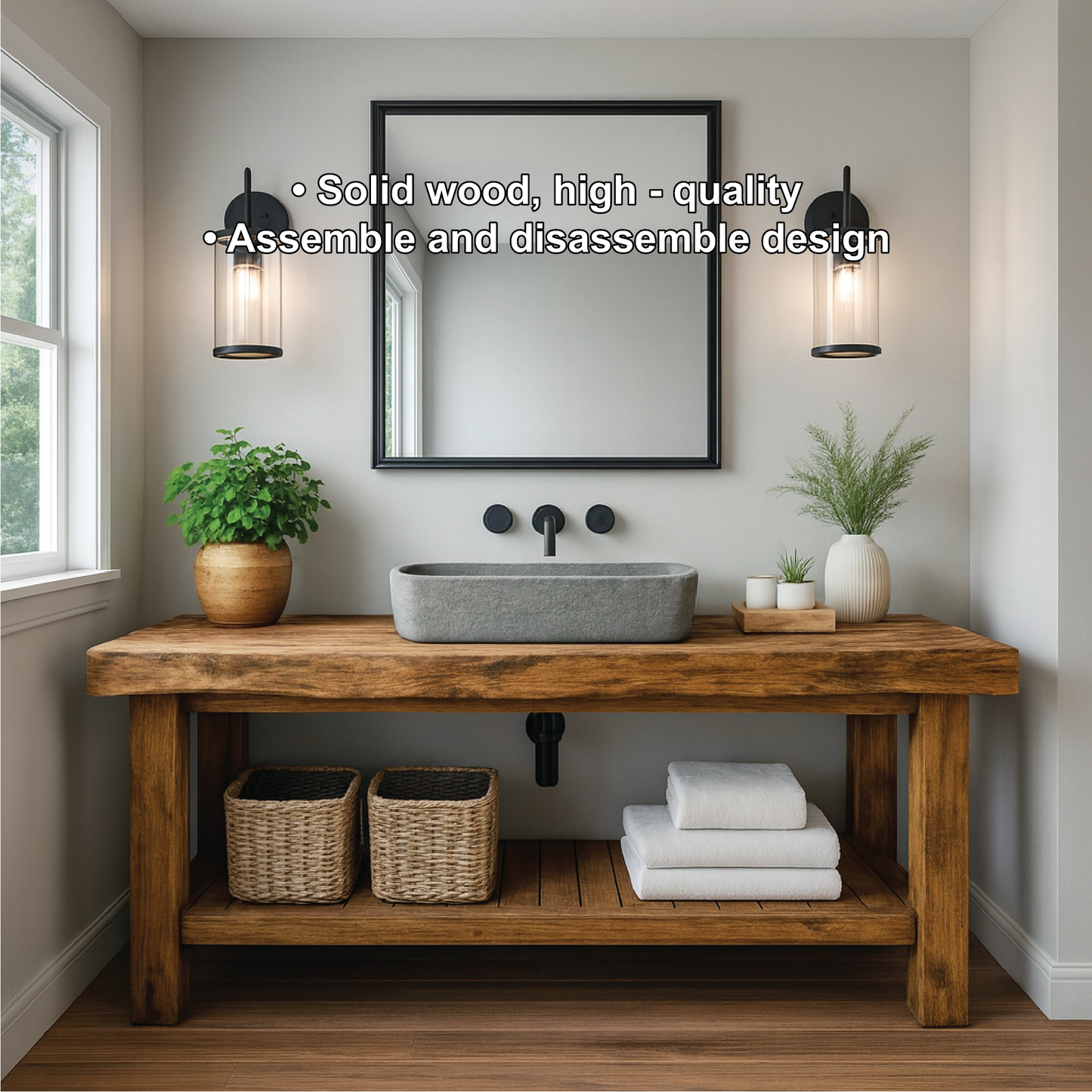 Rustic Solid Wood Bathroom Vanity with Slatted Shelf and Natural Finish for Handcrafted Interiors