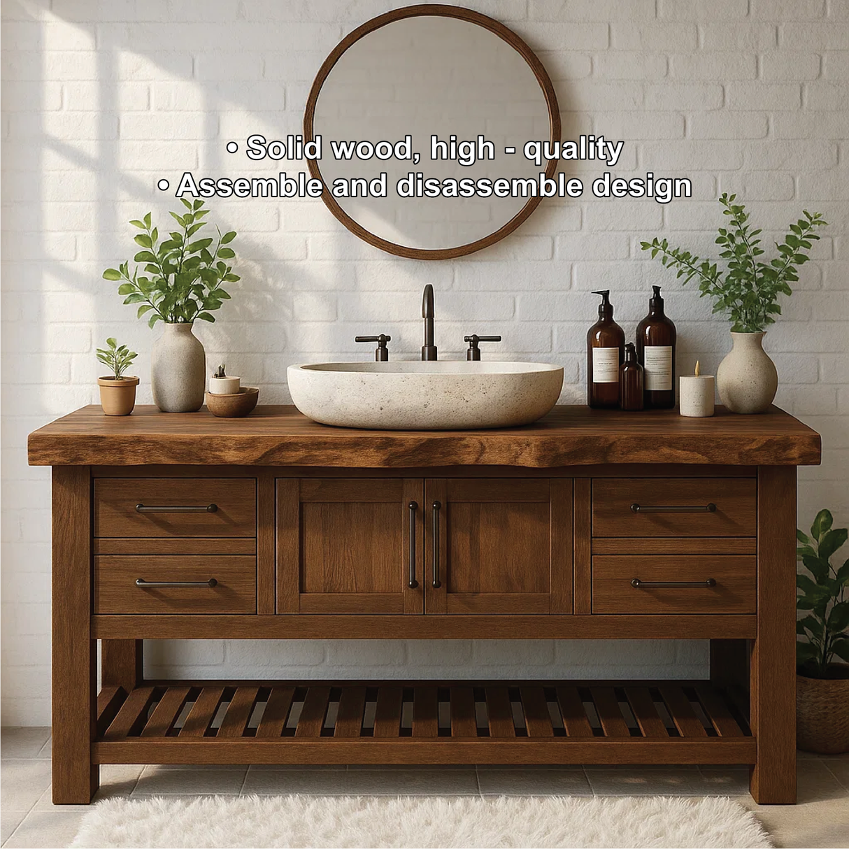 Rustic Solid Wood Bathroom Vanity with Live Edge Top and Modern Farmhouse Storage Design