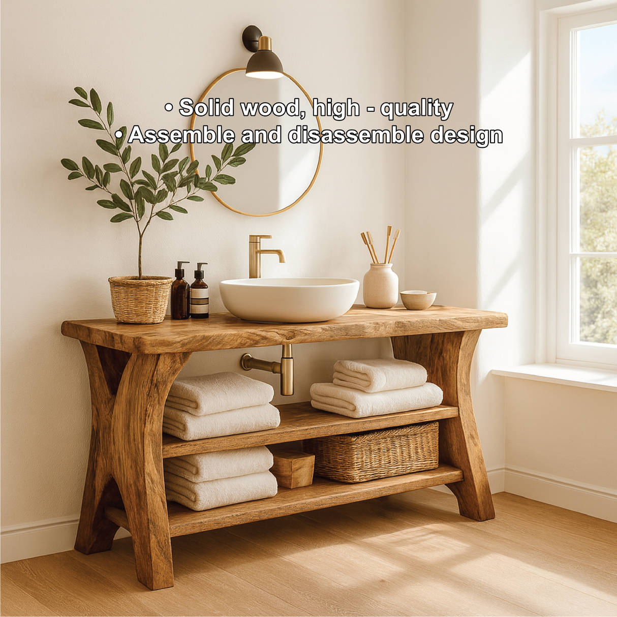 Handcrafted Solid Wood Bathroom Vanity with Natural Live Edge and Open Storage Shelf Design