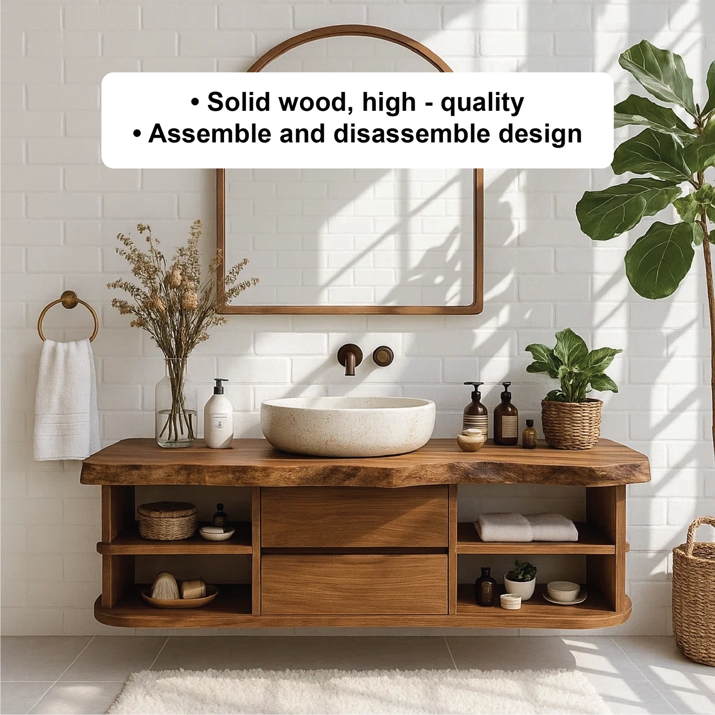 Handcrafted Solid Wood Floating Vanity with Rounded Shelves and Live Edge Countertop