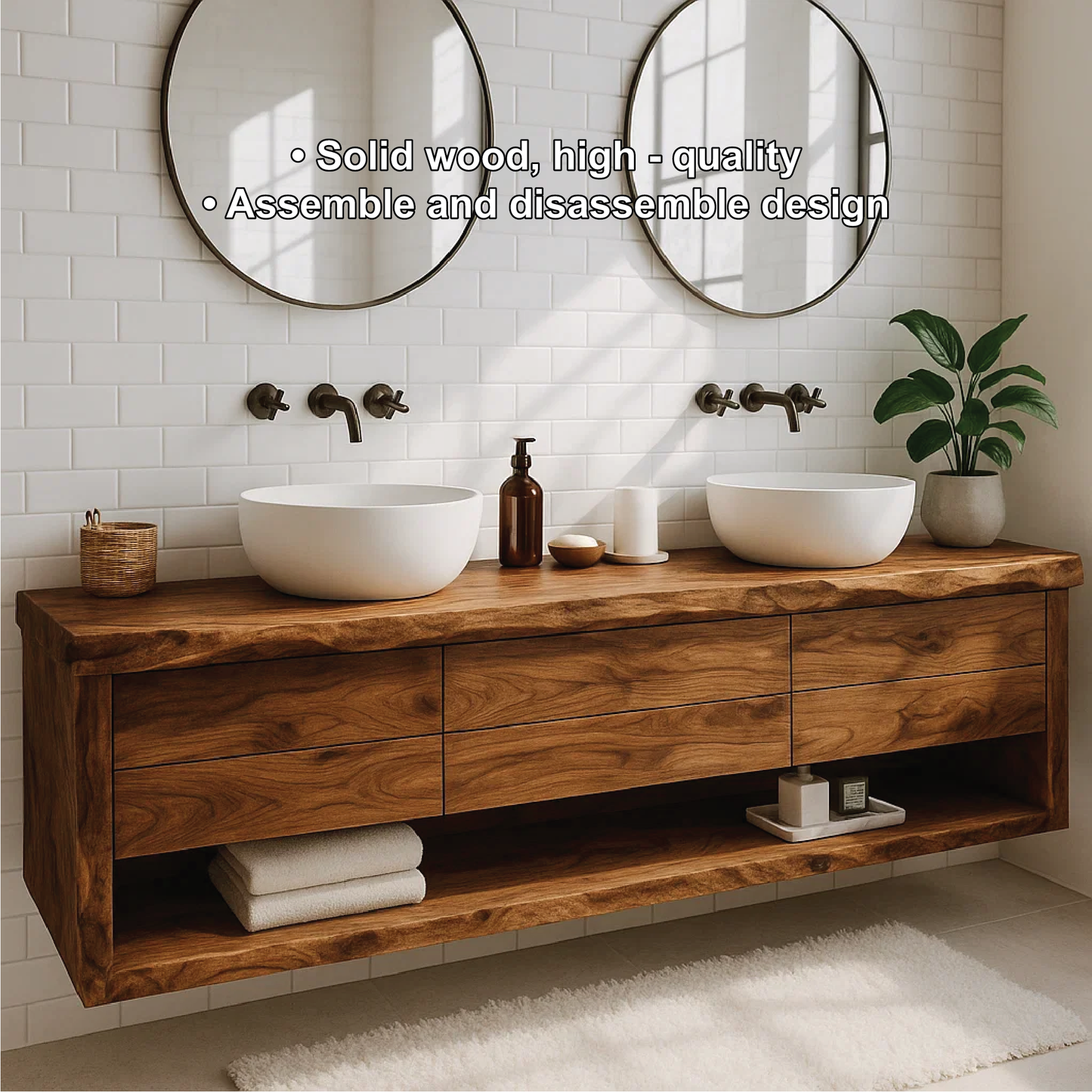 Handcrafted Solid Wood Floating Vanity with Live Edge and Double Drawer Storage Design