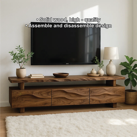 Handcrafted Solid Wood TV Stand – Modern Wavy Drawer Media Console with Double-Layer Design
