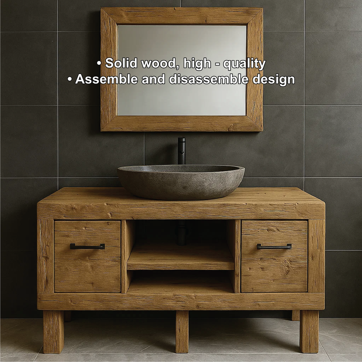 Modern Rustic Handcrafted Solid Wood Bathroom Vanity with Storage Drawers and Open Shelves