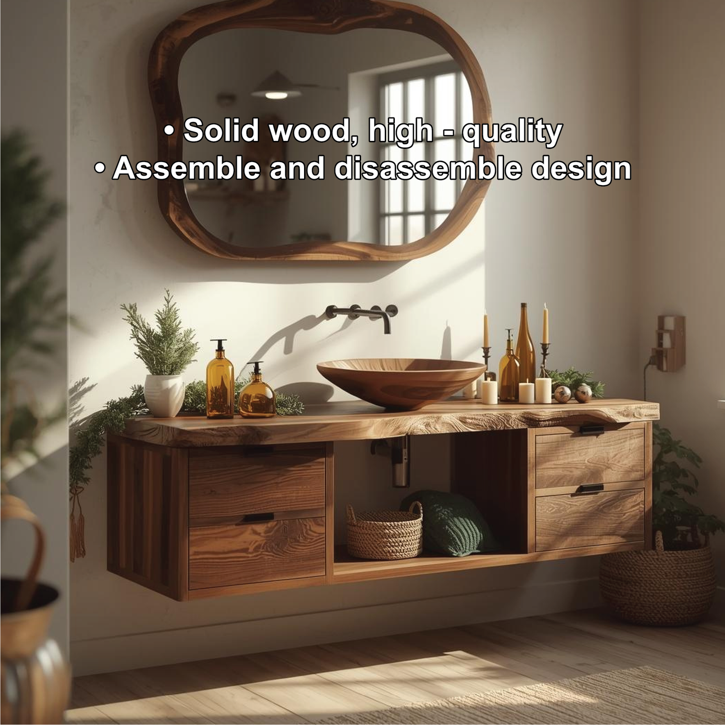 Handcrafted Solid Wood Floating Bathroom Vanity with Live Edge Countertop and Natural Mirror