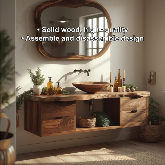 Handcrafted Solid Wood Floating Bathroom Vanity with Live Edge Countertop and Natural Mirror