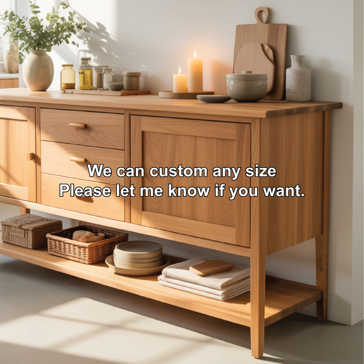 Handcrafted Solid Wood Dining Storage Sideboard with Cabinets, Drawers, and Open Bottom Shelf