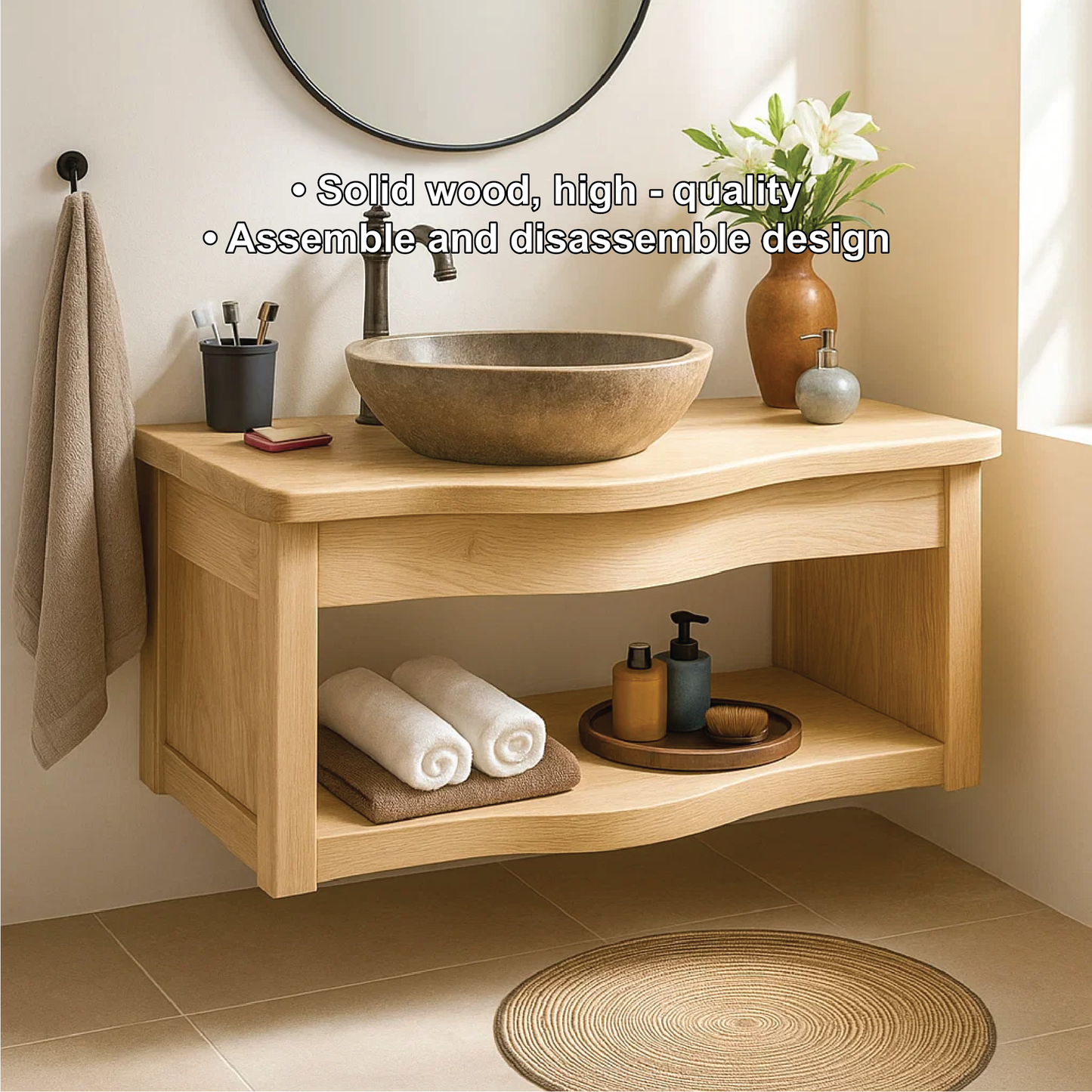 Handcrafted Solid Wood Floating Vanity with Curved Edge Design and Open Shelf Bathroom Storage