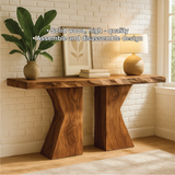 Handcrafted Solid Wood Console Table with Sculptural Base and Natural Live Edge Design