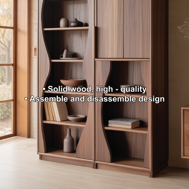 Handcrafted Solid Wood Dining Cabinet with Sculpted Curved Panels and Open Display Shelves