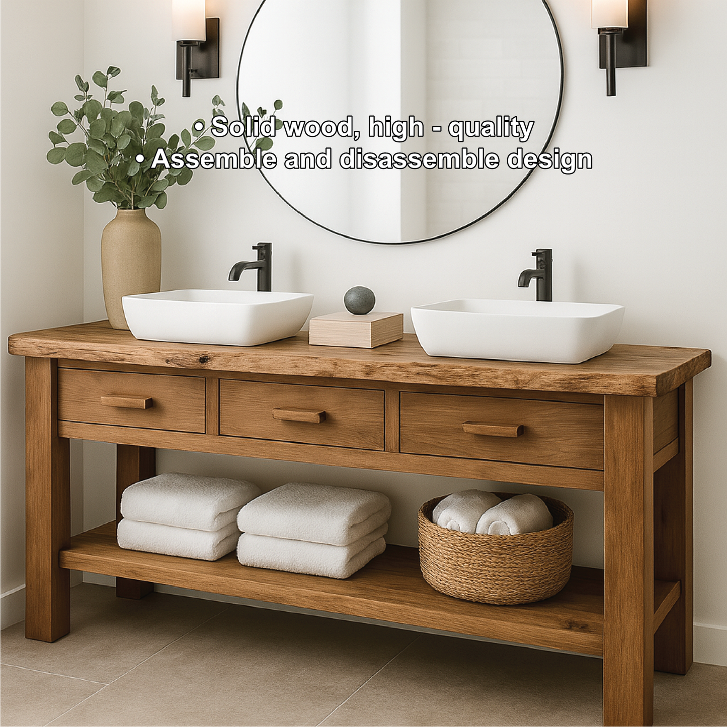 Handcrafted Solid Wood Double Bathroom Vanity with Natural Finish and Modern Minimalist Design
