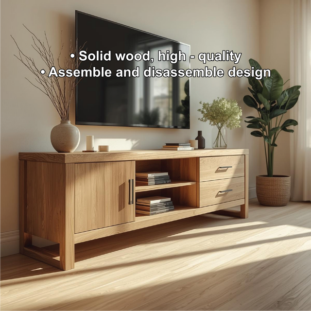 Handcrafted Solid Wood TV Stand with Drawers and Shelves in Natural Oak Finish for Living Room
