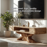 Handcrafted Solid Wood TV Stand with Artistic Sculpted Base and Natural Oak Grain Finish