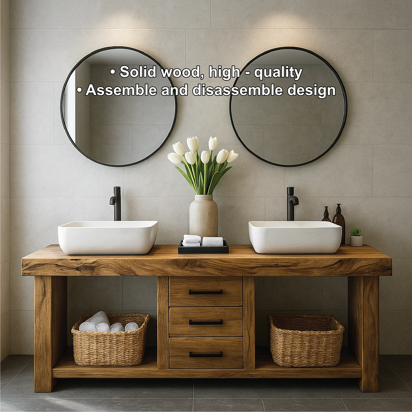 Handcrafted Solid Wood Double Sink Bathroom Vanity with Central Drawers and Natural Finish