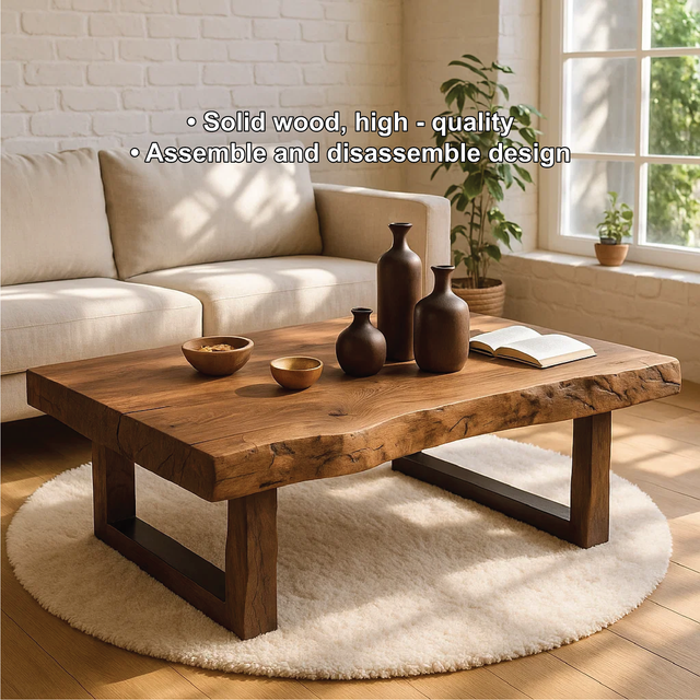 Handcrafted Solid Wood Coffee Table with Live Edge Top and Modern Minimalist Base Design