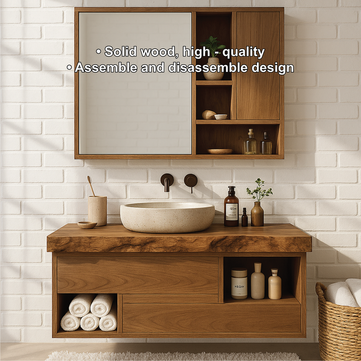 Handcrafted Solid Wood Floating Vanity with Integrated Storage and Matching Wall Cabinet