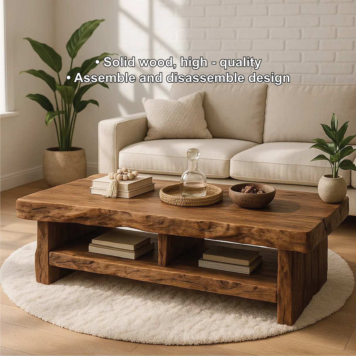 Handcrafted Solid Wood Coffee Table with Live Edge Design and Double Shelf for Storage