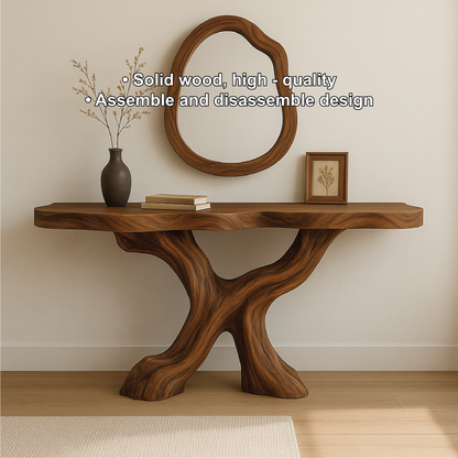 Handcrafted Solid Wood Console Table with Organic Flowing Base and Smooth Natural Finish