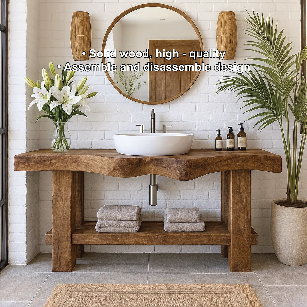 Handcrafted Solid Wood Bathroom Vanity with Organic Curved Edge and Open Shelf for Modern Homes