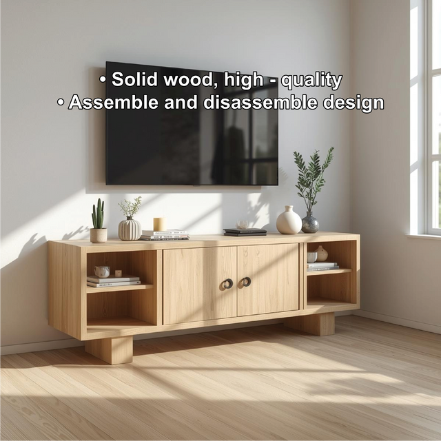 Handcrafted Solid Wood TV Stand with Double Doors and Open Shelves in Natural Oak Finish