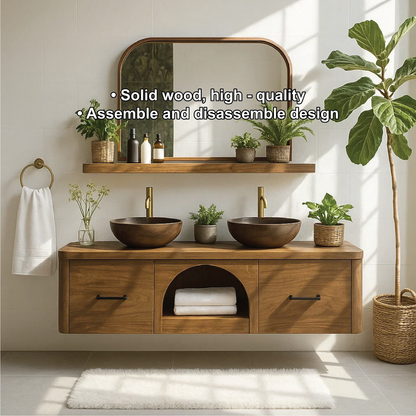 Handcrafted Solid Wood Double Floating Vanity – Arched Center Storage Design